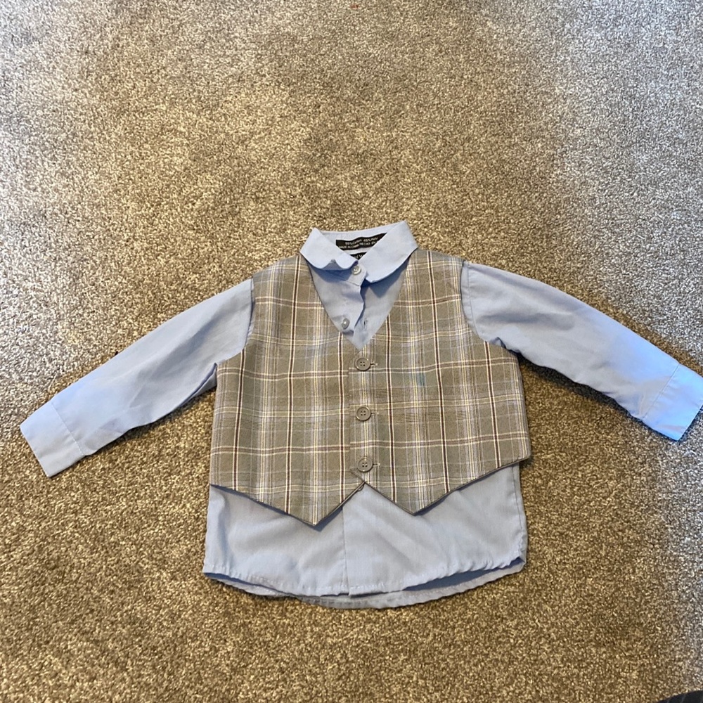 Andrew Fezza 2 Piece Boys Dress Shirt &Vest  Size 12 Months Baby Boy Blue Gray